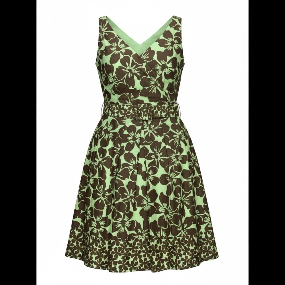 Jessica Howard Womens 12P Floral Fit Flare Dress Green Brown Belted V Neck